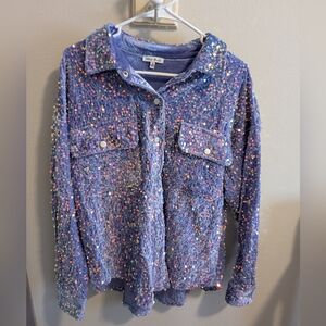 White Birch Women's Small Purple Sequin Shacket Top Long Sleeve Button Front EUC